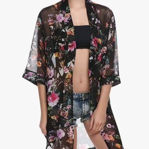 Black floral sheer cardigan kimono cover up XS NWT